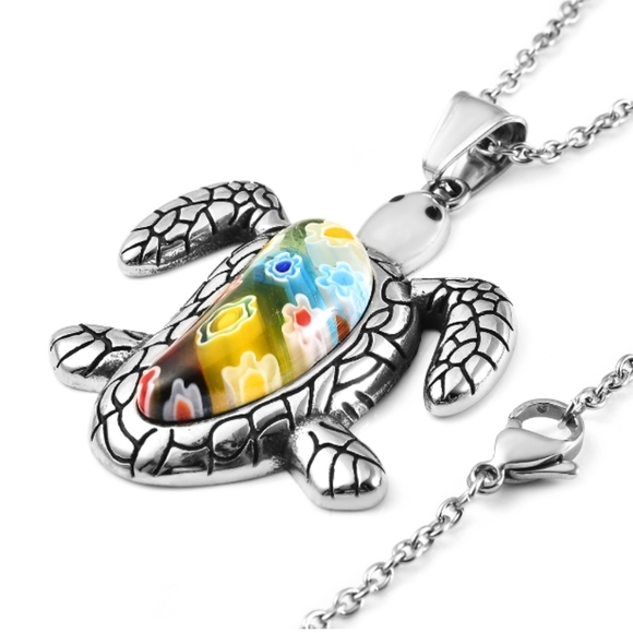 Jewelry - ANTIQUE LOOK STAINLESS STEEL TURTLE MURANO GLASS PENDANT AND NECKLACE.  UNISEX